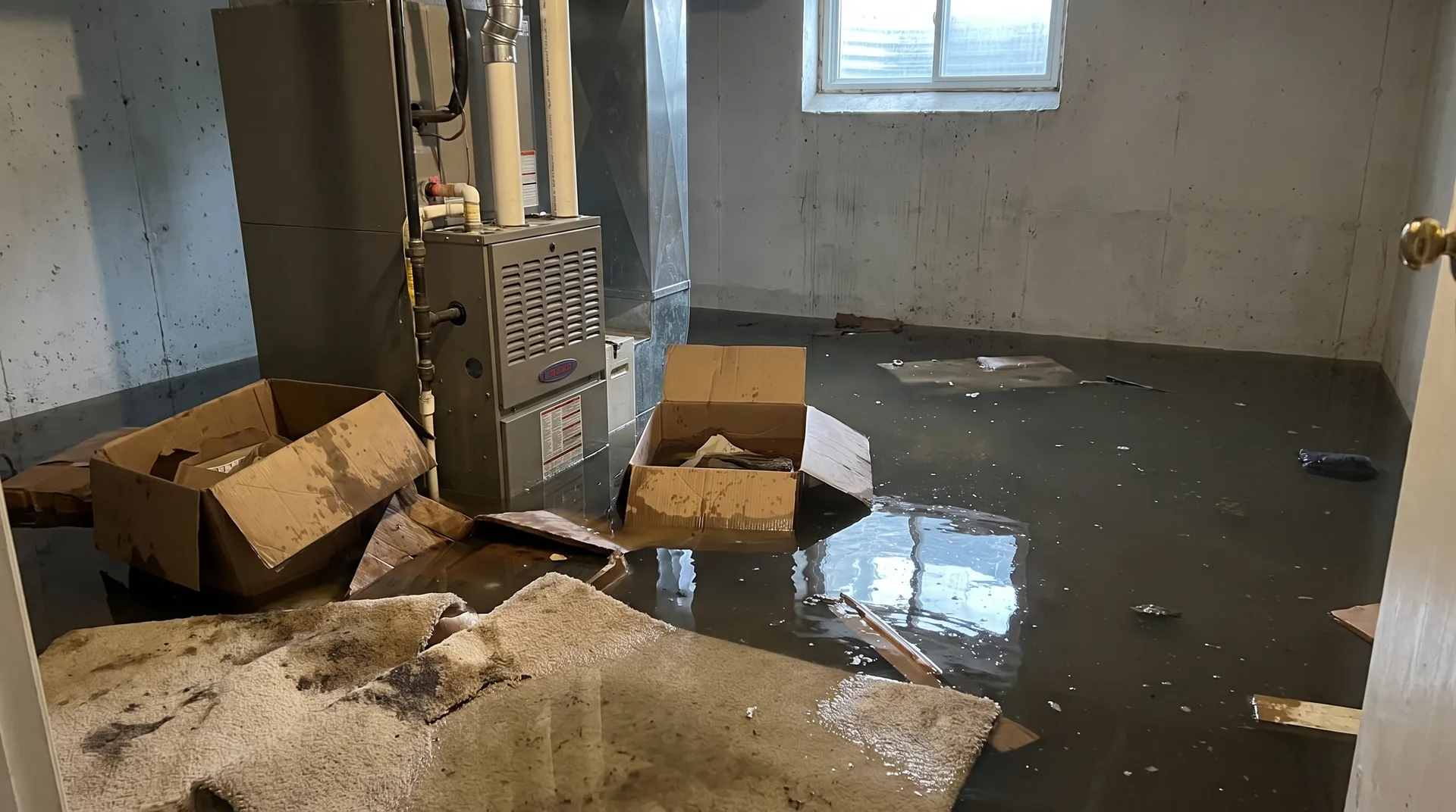 Standing flood water in a Toronto basement around a furnace