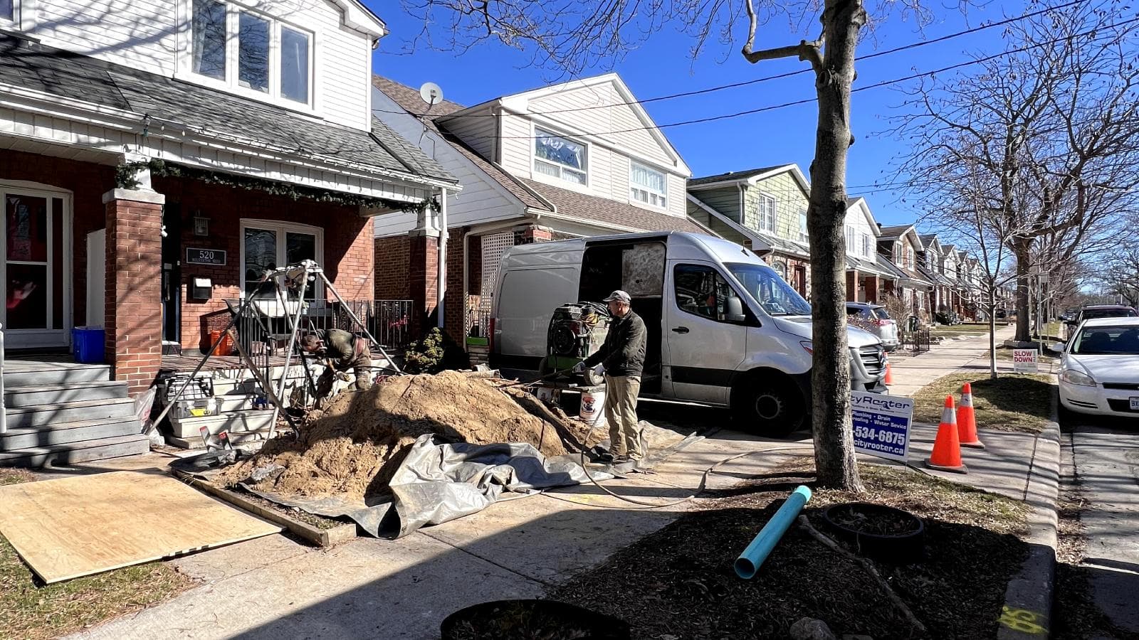 New sewer and drain line installation in a residential trench