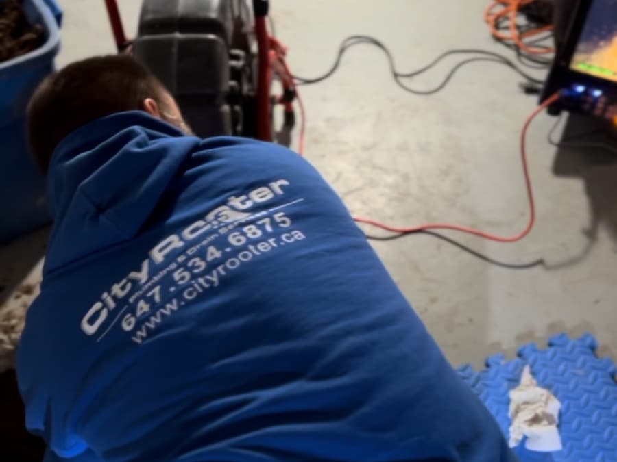 Plumber preparing drain cleaning equipment for hydro jetting